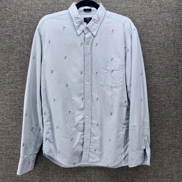 J.Crew‎ Mens Oxford Shirt Size L Pelican Embroidered Slim Fit Worn In Soft Fuzzy - Picture 1 of 13